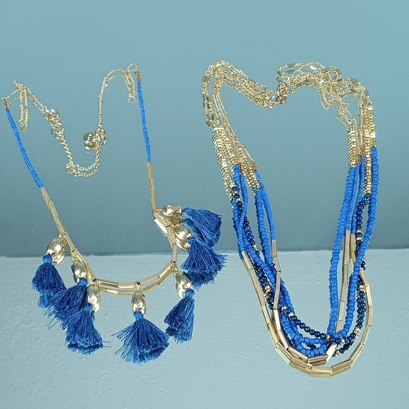 Stella & Dot Necklace Lot Blue Gold Beaded Layered Tassel Fashion Jewelry - Picture 1 of 6